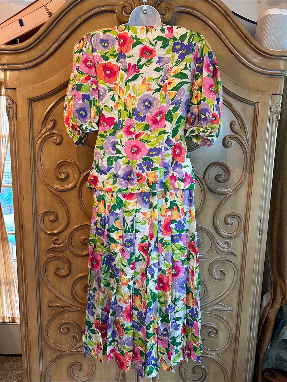 Vintage Della Roufogali Watercolor Floral Puff-Sleeve 2-piece Midi Dress - Picture 4 of 16